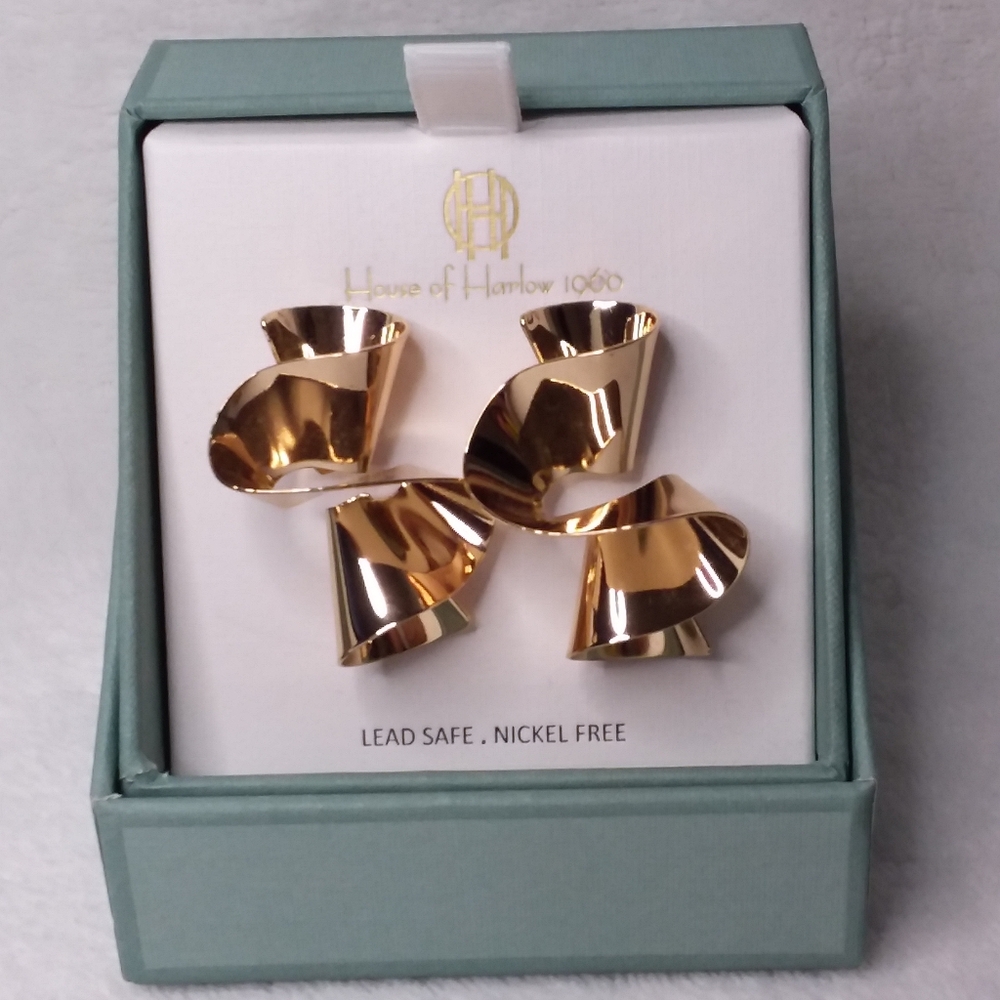 Dangle Ribbon Pierce Earrings Gold Tone House of Harlow 1960